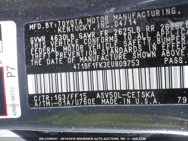 4T1BF1FK3EU809753 - 2014 TOYOTA CAMRY L/SE/LE/XLE Boz foto 9