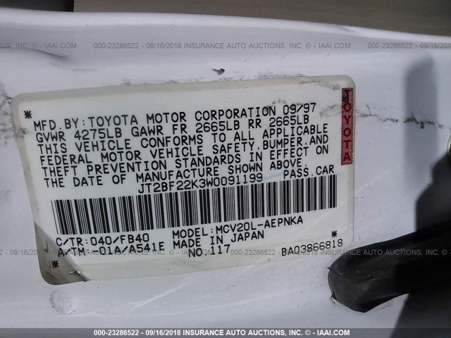JT2BF22K3W0091199 - 1998 TOYOTA CAMRY CE/LE/XLE 白色 照片 9