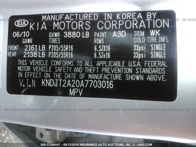 KNDJT2A20A7703016 - 2010 KIA SOUL +/!/SPORT SILVER photo 9