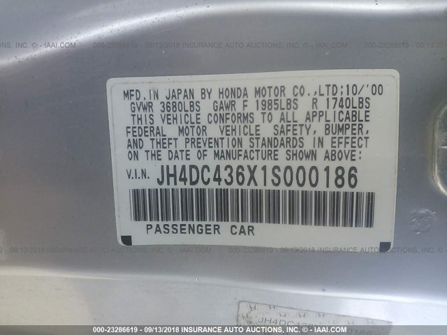 JH4DC436X1S000186 - 2001 ACURA INTEGRA GS SILVER photo 9