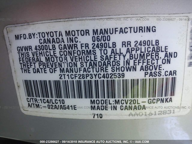 2T1CF28P3YC402539 - 2000 TOYOTA CAMRY SOLARA SE/SLE Gümüş foto 9