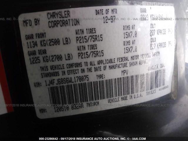 1J4FJ68S6WL178075 - 1998 JEEP CHEROKEE SPORT/CLASSIC იასამნისფერი ფოტო 9