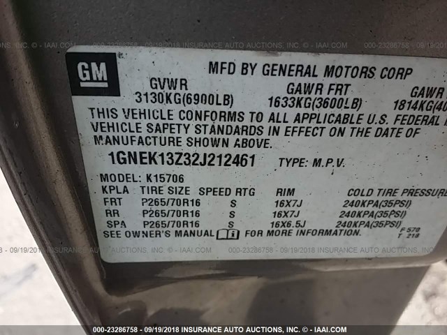 1GNEK13Z32J212461 - 2002 CHEVROLET TAHOE K1500 TAN photo 9