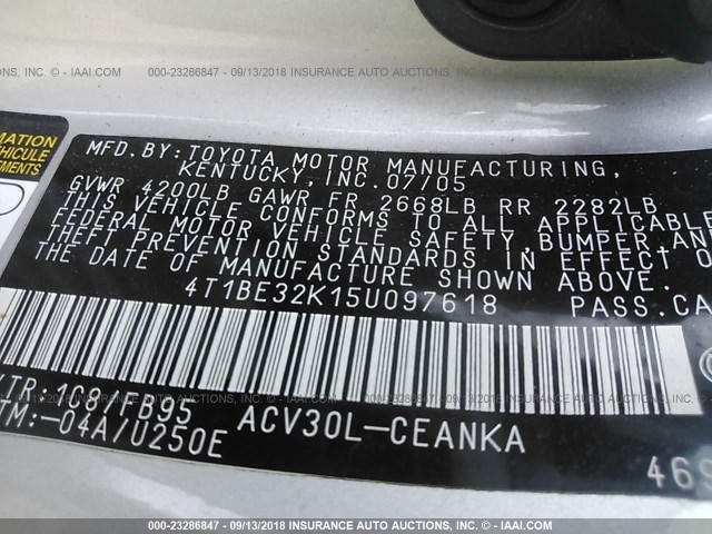 4T1BE32K15U097618 - 2005 TOYOTA CAMRY LE/XLE/SE Gümüş foto 9