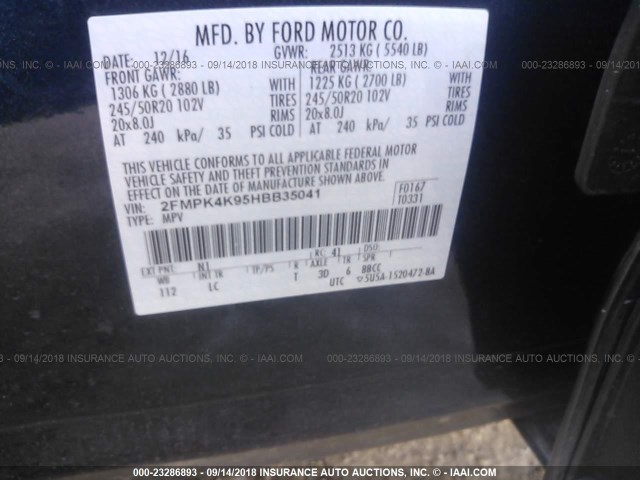 2FMPK4K95HBB35041 - 2017 FORD EDGE TITANIUM BLUE photo 9