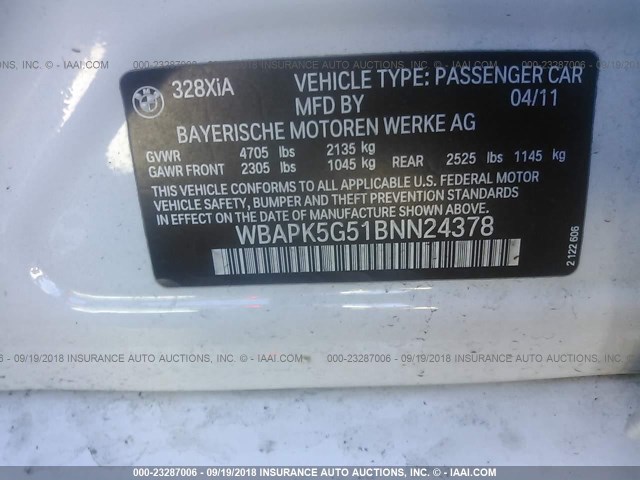 WBAPK5G51BNN24378 - 2011 BMW 328 XI SULEV WHITE photo 9
