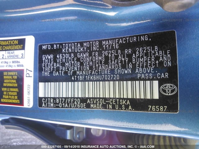 4T1BF1FK6HU702720 - 2017 TOYOTA CAMRY LE/XLE/SE/XSE 蓝色 照片 9