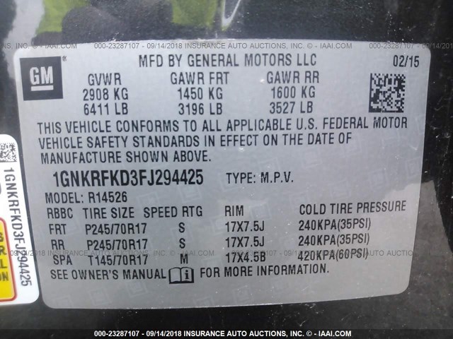 1GNKRFKD3FJ294425 - 2015 CHEVROLET TRAVERSE LS GRAY photo 9