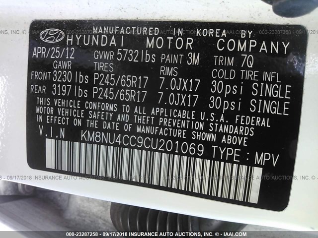 KM8NU4CC9CU201069 - 2012 HYUNDAI VERACRUZ GLS/LIMITED WHITE photo 9