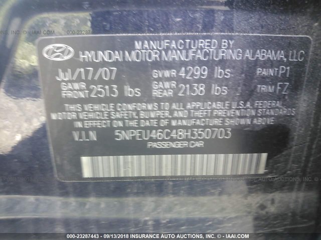 5NPEU46C48H350703 - 2008 HYUNDAI SONATA SE/LIMITED BLACK photo 9