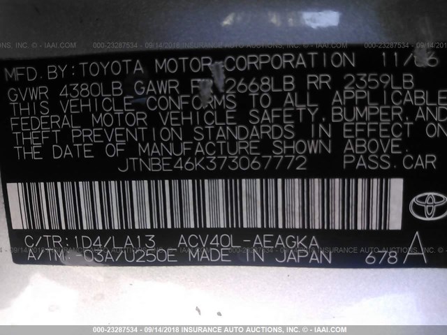 JTNBE46K373067772 - 2007 TOYOTA CAMRY NEW GENERAT CE/LE/XLE/SE SILVER photo 9