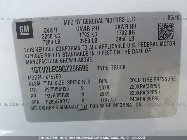 1GTV2LEC9GZ296596 - 2016 GMC SIERRA K1500 WHITE photo 9