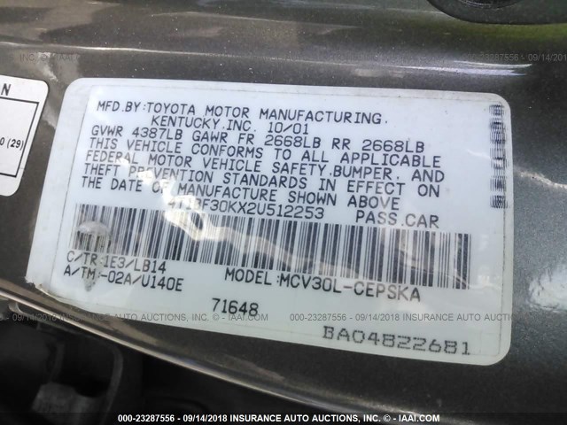 4T1BF30KX2U512253 - 2002 TOYOTA CAMRY LE/XLE/SE Сұр фото 9