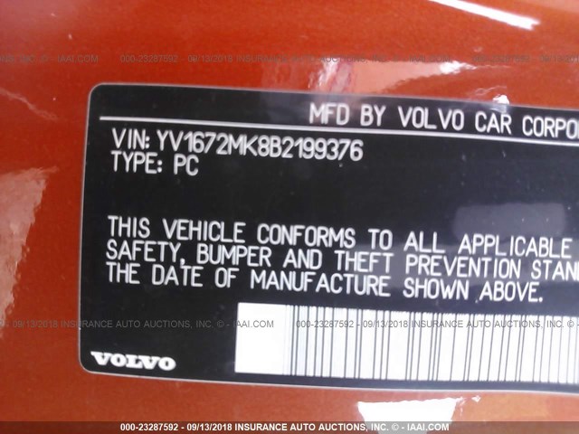 YV1672MK8B2199376 - 2011 VOLVO C30 T5 ORANGE photo 9