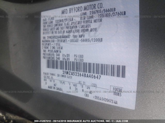 2FMZA52264BA40647 - 2004 FORD FREESTAR SEL BLACK photo 9