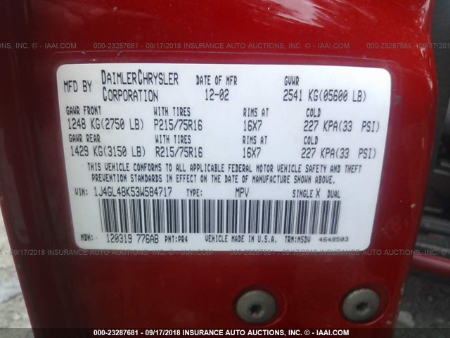 1J4GL48K53W584717 - 2003 JEEP LIBERTY SPORT/FREEDOM წითელი ფოტო 9