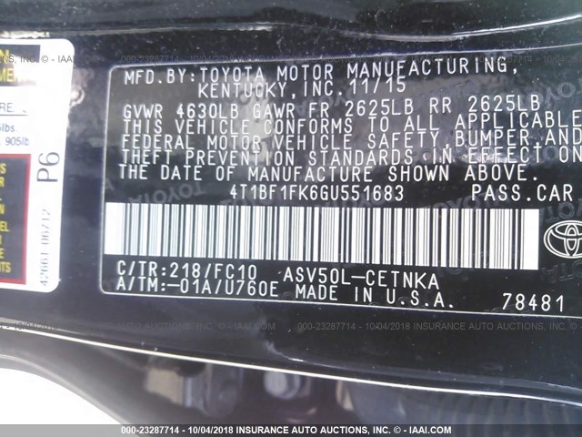4T1BF1FK6GU551683 - 2016 TOYOTA CAMRY LE/XLE/SE/XSE BLACK photo 9