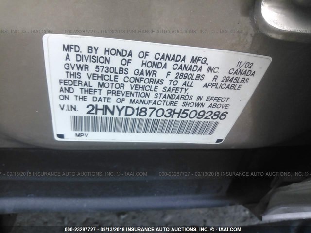 2HNYD18703H509286 - 2003 ACURA MDX TOURING GOLD photo 9