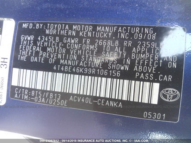 4T4BE46K99R106156 - 2009 TOYOTA CAMRY SE/LE/XLE ლურჯი ფოტო 9