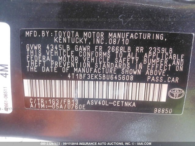 4T1BF3EK5BU645608 - 2011 TOYOTA CAMRY SE/LE/XLE 灰色 照片 9