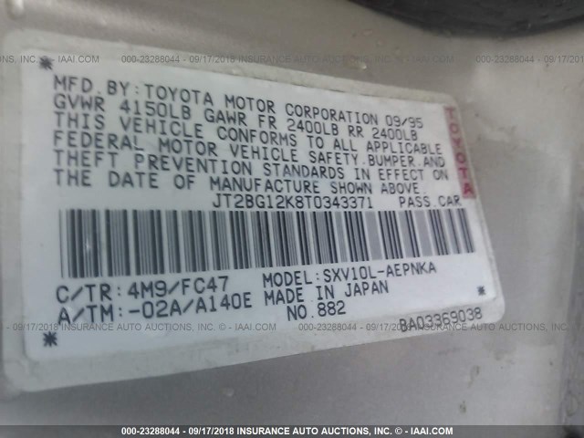 JT2BG12K8T0343371 - 1996 TOYOTA CAMRY DX/LE/XLE თაფლისფერი ფოტო 9