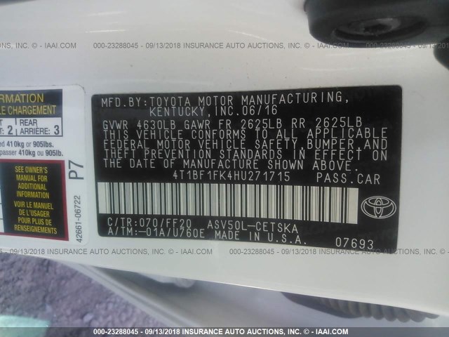 4T1BF1FK4HU271715 - 2017 TOYOTA CAMRY LE/XLE/SE/XSE 白色 照片 9