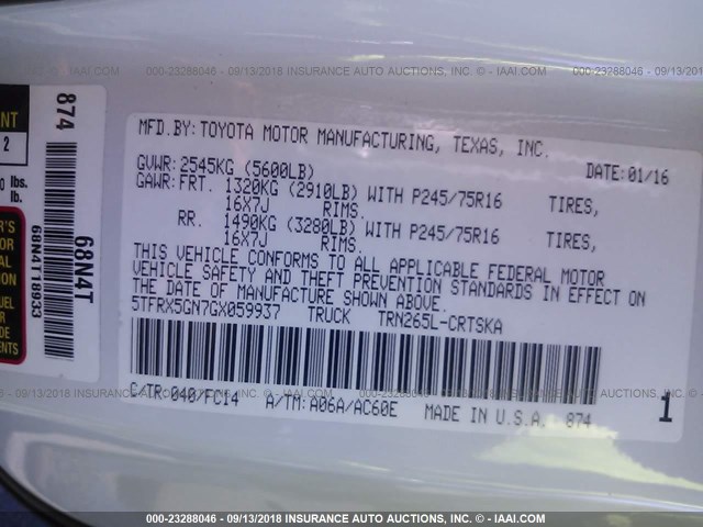 5TFRX5GN7GX059937 - 2016 TOYOTA TACOMA ACCESS CAB/SR/SR5 WHITE photo 9