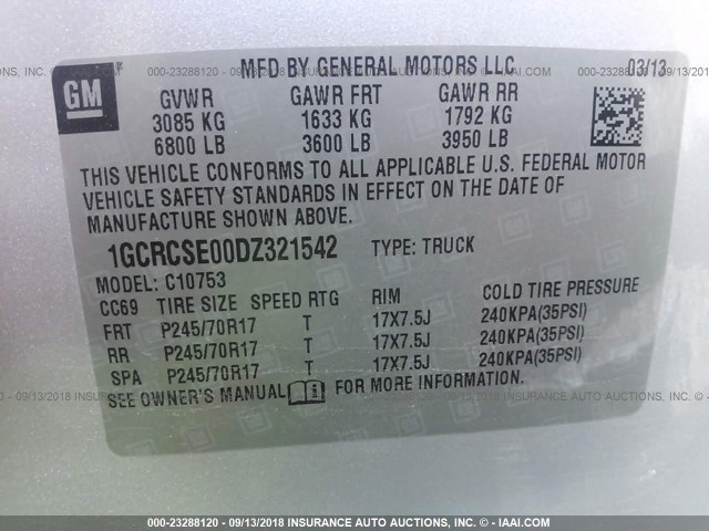 1GCRCSE00DZ321542 - 2013 CHEVROLET SILVERADO C1500 LT SILVER photo 9