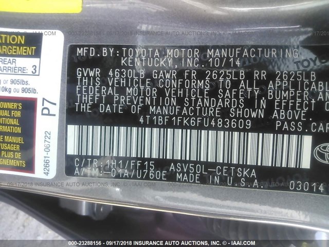 4T1BF1FK6FU483609 - 2015 TOYOTA CAMRY LE/XLE/SE/XSE 灰色 照片 9