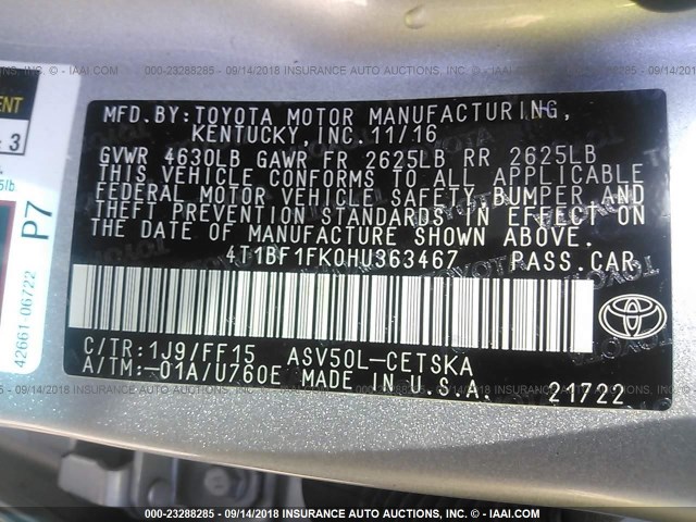 4T1BF1FK0HU363467 - 2017 TOYOTA CAMRY LE/XLE/SE/XSE 银色 照片 9