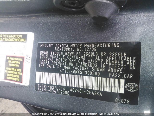 4T1BE46KX9U399589 - 2009 TOYOTA CAMRY SE/LE/XLE ნაცრისფერი ფოტო 9