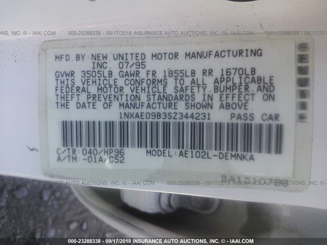 1NXAE09B3SZ344231 - 1995 TOYOTA COROLLA LE/DX 白色 照片 9