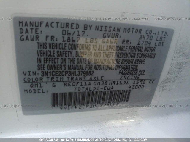 3N1CE2CP3HL379662 - 2017 NISSAN VERSA NOTE S/S PLUS/SV/SL/SR WHITE photo 9