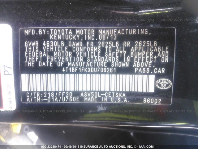 4T1BF1FKXDU709261 - 2013 TOYOTA CAMRY L/SE/LE/XLE შავი ფოტო 9