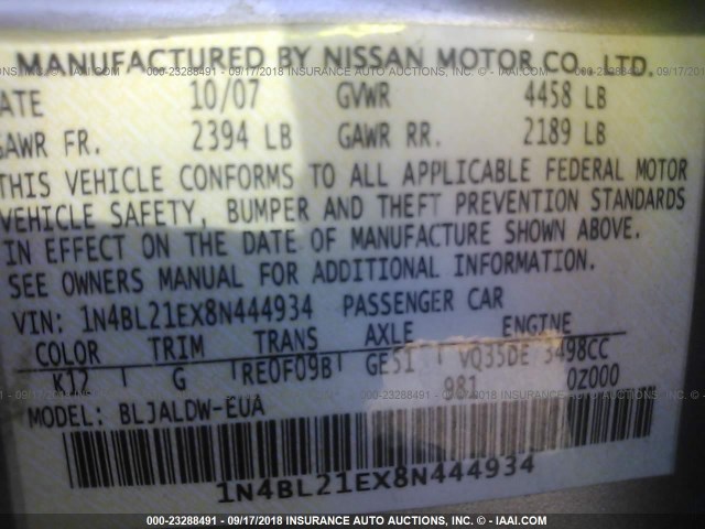 1N4BL21EX8N444934 - 2008 NISSAN ALTIMA 3.5SE/3.5SL SILVER photo 9