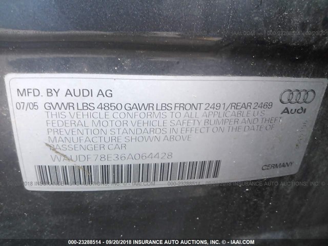 WAUDF78E36A064428 - 2006 AUDI A4 2.0T QUATTRO GRAY photo 9