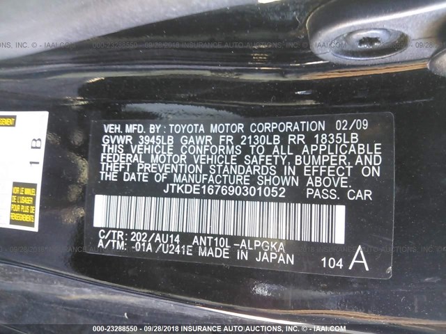 JTKDE167690301052 - 2009 TOYOTA SCION TC 黑色 照片 9