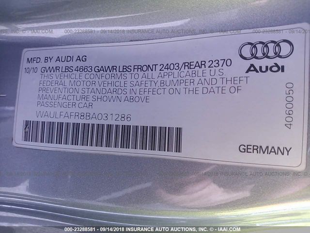 WAULFAFR8BA031286 - 2011 AUDI A5 PREMIUM PLUS SILVER photo 9