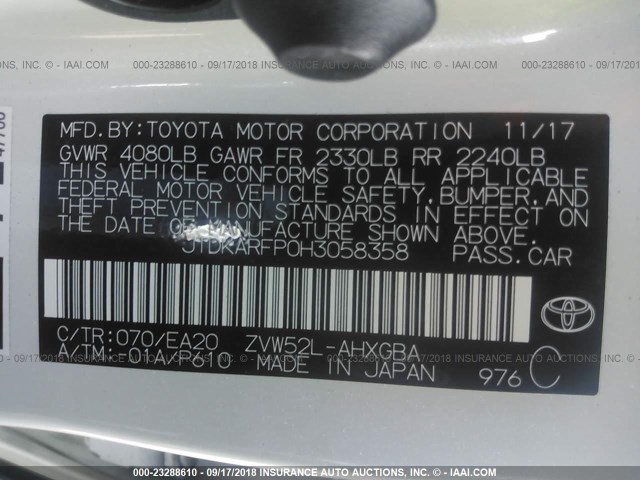 JTDKARFP0H3058358 - 2017 TOYOTA PRIUS PRIME  WHITE photo 9