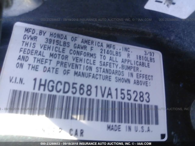 1HGCD5681VA155283 - 1997 HONDA ACCORD VALUE GREEN photo 9