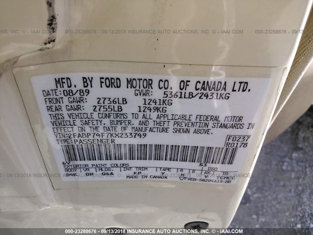 2FABP74F7KX233749 - 1989 FORD CROWN VICTORIA LX CREAM photo 9