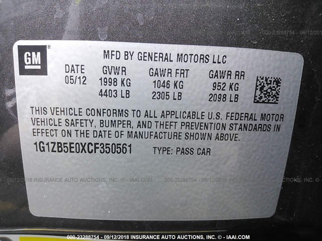 1G1ZB5E0XCF350561 - 2012 CHEVROLET MALIBU LS Boz foto 9