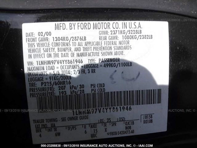 1LNHM97V4YY861946 - 2000 LINCOLN CONTINENTAL  Қара фото 9