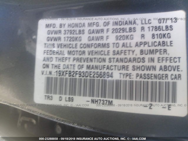 19XFB2F93DE256894 - 2013 HONDA CIVIC EXL 灰色 照片 9
