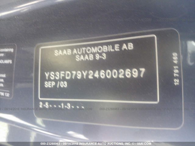 YS3FD79Y246002697 - 2004 SAAB 9-3 ARC BLUE photo 9