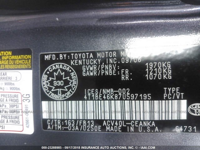 4T1BE46K87U597195 - 2007 TOYOTA CAMRY NEW GENERATION CE/LE/XLE/SE GRAY photo 9