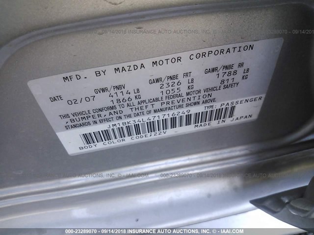 JM1BK34L471716249 - 2007 MAZDA SPEED 3 SILVER photo 9