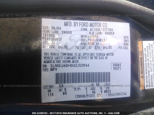 5LMEU68H04ZJ52944 - 2004 LINCOLN AVIATOR BLACK photo 9