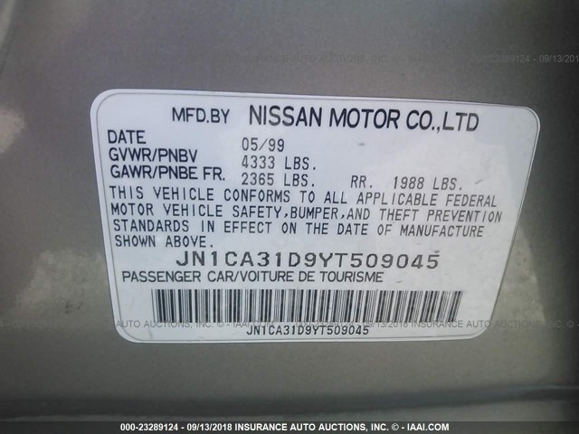 JN1CA31D9YT509045 - 2000 NISSAN MAXIMA GLE/GXE/SE GRAY photo 9