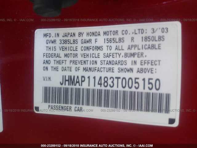 JHMAP11483T005150 - 2003 HONDA S2000 RED photo 9